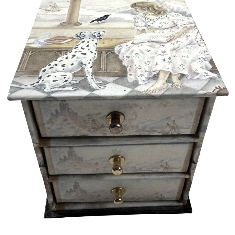 Vintage Storybook Jewelry Box Girl Dalmatian 3 Drawer Cottagecore Whimsical Deco